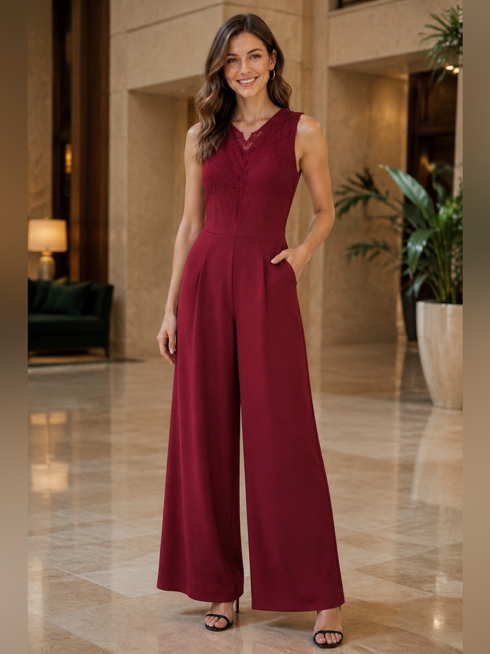 knitee burgundy lace wide leg jumpsuit size small